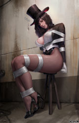 Rule 34 | 1girl, absurdres, arms behind back, bad id, bad pixiv id, bdsm, black footwear, black hair, black jacket, bondage, bound, bound arms, bound legs, breasts, brown hair, cleavage, commentary request, commission, dc comics, closed eyes, gloves, hat, high heels, highres, jacket, justice league, kidmo, large breasts, legs, leotard, long hair, magician, open clothes, open shirt, pantyhose, parted lips, restrained, sitting, sleeping, solo, stool, thighs, top hat, unconscious, wall, wavy hair, white gloves, wide hips, wooden stool, zatanna zatara