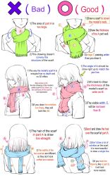 Rule 34 | 1boy, 2girls, blue scarf, commentary, english commentary, english text, green scarf, guide, highres, how to, multiple girls, original, partially colored, red scarf, scarf, short hair, simple background, upper body, yoshimura takuya