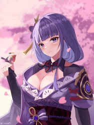 Rule 34 | 1girl, blush, breasts, bridal gauntlets, cherry blossoms, cleavage, flower, genshin impact, hair ornament, highres, i ruru, japanese clothes, kimono, large breasts, long hair, looking at viewer, obi, purple eyes, purple flower, purple hair, raiden shogun, sash, solo
