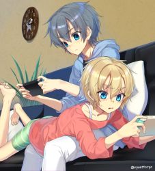 Rule 34 | 1boy, 1girl, androgynous, barefoot, bike shorts, black hair, blonde hair, brother and sister, clock, couch, feet, handheld game console, highres, iris (ryou@ryou), kern (ryou@ryou), lying, lying on person, nintendo switch, on lap, on stomach, original, parted lips, playing games, ryou@ryou, short hair, siblings, toes, twitter username