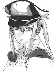 Rule 34 | 10s, 1girl, bad id, bad twitter id, capelet, closed mouth, commentary, graf zeppelin (kancolle), greyscale, hair between eyes, hat, highres, hoshino (cona), kantai collection, long hair, looking at viewer, military, military hat, monochrome, peaked cap, shaded face, sidelocks, simple background, solo, twintails, upper body, white background