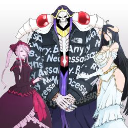 Rule 34 | 1boy, 2girls, absurdres, ainz ooal gown, albedo (overlord), black hair, black wings, closed mouth, cowboy shot, dress, drip (meme), fangs, gloves, gothic lolita, gradient background, grey background, hair between eyes, highres, hip vent, horns, jacket, jewelry, lolita fashion, long hair, long sleeves, looking at viewer, low wings, meme, multiple girls, open mouth, overlord (maruyama), ponytail, purple dress, purple hair, red eyes, ring, shalltear bloodfallen, simple background, skeleton, slit pupils, smile, standing, white dress, white gloves, wings, yellow eyes