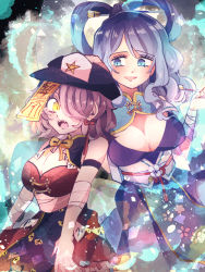 Rule 34 | 2girls, adapted costume, bandages, bare shoulders, blue eyes, blue hair, breasts, cleavage, cowboy shot, fang, flower, gold trim, hair ornament, hair rings, hair stick, hand up, hat ornament, highres, holding, holding smoking pipe, jiangshi, kaku seiga, kiseru, large breasts, long hair, looking at another, medium hair, miyako yoshika, multiple girls, ofuda, open mouth, outstretched arms, parted lips, ratto (mobilis 1870), smile, smoking pipe, star (symbol), star hat ornament, touhou, wavy hair, zombie pose