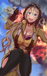Rule 34 | 1girl, aviator cap, blonde hair, blue eyes, blush, bra, breasts, brown gloves, chochoporisu, choker, cleavage, commission, crying, explosion, formation girls, gloves, goggles, goggles on headwear, hair ornament, hair over shoulder, hair scrunchie, highres, large breasts, looking at viewer, open mouth, parachute, pilot suit, purple bra, roberta samael, scrunchie, skeb commission, solo, torn clothes, torn legwear, underwear, yellow scrunchie