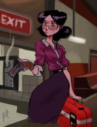 1girl artist_name belt belt_buckle black-framed_eyewear black_belt black_hair blush breasts briefcase buckle closed_mouth collared_shirt commentary english_text exit_sign glasses gun handgun highres holding holding_gun holding_weapon in-universe_location indoors krispy-krematorium makeup medium_hair miss_pauling parted_bangs pencil_skirt shirt shirt_tucked_in signature skirt solo standing team_fortress_2 weapon