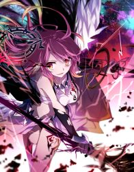 Rule 34 | 1girl, angel wings, bare shoulders, breasts, spiked halo, feathered wings, halo, holding, holding weapon, jibril (no game no life), long hair, looking at viewer, low wings, magic circle, multicolored hair, navel, no game no life, pink hair, solo, tsuezu, weapon, white wings, wings, yellow eyes