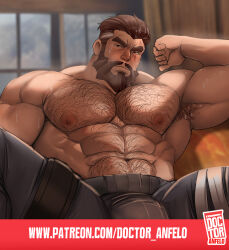 1boy armpit_hair bandaged_leg bandages bara beard biceps blurry blurry_background broad_shoulders brown_eyes brown_hair bulge chest_hair connected_beard curled_fingers doctor_anfelo dungeon_and_fighter facial_hair grey_streaks highres indoors large_pectorals light_blush male_focus male_priest_(dungeon_and_fighter) mature_male monk_(dungeon_and_fighter) muscular muscular_male nipples pants pectorals priest_(dungeon_and_fighter) sitting sweat topless topless_male