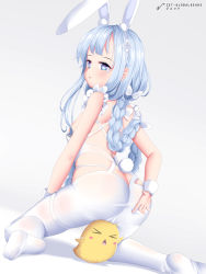 Rule 34 | 1girl, absurdres, animal ear fluff, animal ears, artist name, ass, azur lane, blue eyes, braid, breasts, butt crack, fake animal ears, feet, from behind, grey background, hand on own ass, highres, kneeling, le malin (azur lane), le malin (listless lapin) (azur lane), legs, leotard, long hair, looking back, manjuu (azur lane), no shoes, pantyhose, playboy bunny, rabbit ears, rabbit tail, sideboob, silver hair, simple background, sitting, sitting on person, small breasts, smile, soles, tail, thigh strap, thighs, twin braids, twintails, white leotard, white pantyhose, wrist cuffs, zet (globalgears)