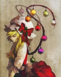 Rule 34 | 1girl, alternate wings, arlmuffin, bad id, bad pixiv id, blonde hair, christmas, christmas lights, christmas ornaments, closed mouth, dress, flandre scarlet, hat, long hair, looking away, necktie, red eyes, ribbon, solo, touhou, v arms, wings
