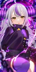 Rule 34 | 1girl, ahoge, black dress, braid, braided bangs, chain, commentary request, demon horns, dress, fang, feet out of frame, grey hair, highres, hololive, horns, hoshimiya aki, la+ darknesss, long sleeves, looking at viewer, multicolored hair, parted lips, pointy ears, purple hair, purple thighhighs, single thighhigh, sleeves past fingers, sleeves past wrists, solo, streaked hair, thighhighs, virtual youtuber, yellow eyes