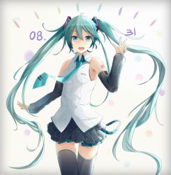Rule 34 | 1girl, ahoge, aqua eyes, aqua hair, bad id, bad pixiv id, detached sleeves, gradient background, hatsune miku, headset, jenson tw, long hair, necktie, open mouth, skirt, solo, thigh gap, thighhighs, twintails, very long hair, vocaloid