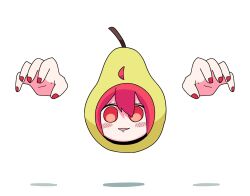 1girl ahoge blank_stare blush_stickers detached_ahoge disembodied_hand food fruit highres kasane_teto looking_at_viewer negitoro_(ntlrjqsolnlijmr) no_humans open_mouth pear pearto red_eyes red_hair red_nails shadow simple_background staring utau white_background