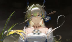 Rule 34 | 1girl, arknights, bare shoulders, breasts, chinese commentary, gradient hair, green hair, grey eyes, highres, horns, jewelry, light smile, lingear, long hair, looking at viewer, medium breasts, multicolored hair, necklace, pointy ears, shu (arknights), solo