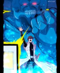 Rule 34 | 1boy, absurdres, arm up, artist name, belt buckle, black pants, black shirt, blue eyes, brown hair, buckle, buttons, coat, commentary, english commentary, glowing, hair between eyes, highres, holding, jewelry, kaiba seto, long sleeves, male focus, necklace, obelisk the tormentor, open clothes, open coat, open mouth, pants, phil vzq, shirt, short hair, sleeveless, sleeveless coat, spread fingers, teeth, tongue, turtleneck, watermark, white coat, yu-gi-oh!, yu-gi-oh! duel monsters