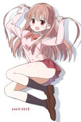Rule 34 | 1girl, :d, achiga school uniform, adjusting hair, atarashi ako, black socks, bow, bowtie, brown footwear, brown hair, cardigan, commentary, dated, dress shirt, full body, hair tie, highres, jumping, legs up, loafers, long hair, long sleeves, looking at viewer, miniskirt, no panties, numenume (powa-ogutyogutyo), open mouth, pink cardigan, pleated skirt, red bow, red bowtie, red eyes, red skirt, saki, saki (manga), saki achiga-hen, school uniform, shadow, shirt, shoes, simple background, skirt, smile, socks, solo, two side up, white background, white shirt