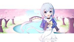 Rule 34 | 1girl, amami ami, blue eyes, blue hair, blush, blush stickers, bridge, commission, eyebrows, eyelashes, hair ornament, hair ribbon, highres, jacket, knees up, lake, looking at viewer, open mouth, petals, prism project, ribbon, shirt, sky, smile, tree, twintails, virtual youtuber, wallpaper