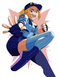 Rule 34 | 1girl, baseball cap, black gloves, blonde hair, blue eyes, breasts, cleavage, eyewear on head, final fight, from below, gloves, hat, highres, legs, looking at viewer, lucia morgan, medium breasts, open mouth, police, police uniform, policewoman, ponytail, shorts, smile, solo, street fighter, street fighter v, sunglasses, sunglasses on head, thighhighs, thighs, uniform