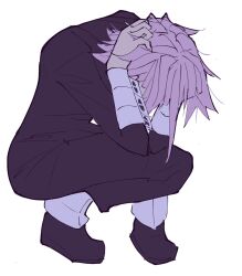 1other androgynous black_footwear crona_(soul_eater) cuff_links full_body hands_in_own_hair highres kaligraphy meme_request messy_hair other_focus photo-referenced pink_hair short_hair simple_background sleeve_cuffs solo soul_eater squatting white_background