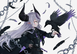 Rule 34 | 1girl, absurdres, bird, bird on hand, black horns, braid, braided bangs, capelet, coat, coat on shoulders, crow (la+ darknesss), enochharbour, feathers, grey hair, highres, hololive, horn ornament, horns, la+ darknesss, multicolored hair, necktie, pointy ears, purple hair, streaked hair, striped horns, virtual youtuber