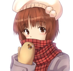 Rule 34 | 1girl, animal print, bad id, bad twitter id, bear print, beret, blush, boko (girls und panzer), brown eyes, brown hair, brown mittens, casual, coat, commentary, covered mouth, girls und panzer, grey coat, hat, long sleeves, looking at viewer, mittens, nanjou satoshi, nishizumi miho, one-hour drawing challenge, pink hat, plaid, plaid scarf, portrait, red scarf, scarf, short hair, simple background, solo, white background