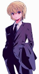 1boy androgynous black_jacket black_necktie black_pants black_suit blonde_hair closed_mouth collared_shirt commentary dot_nose formal_clothes hair_between_eyes hand_in_pocket highres holding holding_unworn_clothes hunter_x_hunter jacket kurapika lapels looking_to_the_side male_focus necktie pants red_eyes sanamaru_(sana79261827) shirt sideways_glance simple_background solo suit suit_jacket white_background white_shirt wing_collar