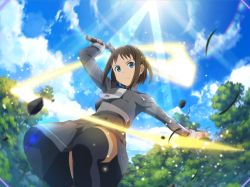 Rule 34 | 1girl, arm up, black thighhighs, blue eyes, blue sky, brown hair, closed mouth, cloud, day, from below, frown, game cg, grey shirt, grey skirt, holding, holding sword, holding weapon, long sleeves, miniskirt, necktie, outdoors, pleated skirt, ronye arabel, shirt, short hair, skirt, sky, solo, standing, sunlight, sword, sword art online, sword art online: alicization, sword art online: alicization rising steel, sword art online: unleashed blading, thighhighs, weapon, white necktie, zettai ryouiki