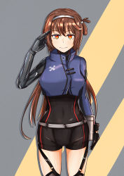 Rule 34 | 1girl, absurdres, baggy pants, black gloves, bodysuit, brown hair, elbow gloves, girls&#039; frontline, gloves, hair ornament, hairband, hand on head, highres, huge filesize, long hair, looking at viewer, mechanical arms, muteppona hito, orange eyes, pants, simple background, single mechanical arm, smile, solo, strapless, type 79 (girls&#039; frontline)