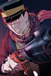 Rule 34 | 1boy, black background, black hair, black hat, black jacket, bolt action, brown eyes, eye trail, golden kamuy, gun, hat, holding, holding gun, holding weapon, imperial japanese army, jacket, kepi, light trail, long sleeves, looking at viewer, male focus, military hat, one eye covered, open mouth, rifle, scar, scar on face, scar on mouth, scar on nose, scarf, short hair, solo, sugimoto saichi, teeth, tr (lauralauraluara), tsurime, upper body, weapon, yellow scarf