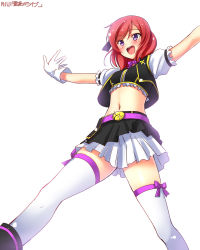 Rule 34 | 10s, 1girl, :d, blush, dated, gloves, highres, love live!, love live! school idol project, midriff, navel, nishikino maki, no brand girls, open mouth, outstretched arms, purple eyes, red hair, short hair, simple background, skirt, smile, solo, thighhighs, white background, white gloves, white thighhighs, yu-ta