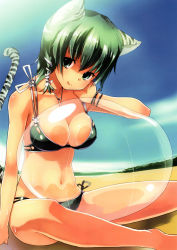 Rule 34 | 1girl, :q, absurdres, animal ears, ball, bare legs, bare shoulders, barefoot, beach, beachball, bikini, black bikini, blue sky, breast press, breasts, cleavage, day, green eyes, green hair, hair ribbon, highres, jewelry, large breasts, matching hair/eyes, navel, necklace, original, outdoors, refeia, ribbon, scan, short hair, side-tie bikini bottom, sitting, sky, solo, swimsuit, tail, tiger ears, tiger tail, tongue, tongue out, transparent, wristband