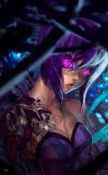 Rule 34 | 1girl, amputee, bare shoulders, bustier, cable, collarbone, cyborg, elsevilla, ghost in the shell, ghost in the shell stand alone complex, glowing, glowing eyes, highres, injury, kusanagi motoko, lips, looking at viewer, purple eyes, purple hair, short hair, signature, solo, upper body