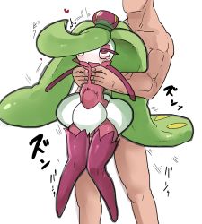 Rule 34 | 1boy, 1girl, anal, blush, bright pupils, creatures (company), crown, eyelashes, eyeshadow, furry, game freak, gen 7 pokemon, grabbing, grabbing from behind, green hair, half-closed eyes, heart, hetero, interspecies, knees together feet apart, lifting another&#039;s clothes, lifting person, long hair, looking up, makeup, mini crown, nintendo, nishikun, pokemon, pokemon (creature), pokemon sm, pokephilia, purple thighhighs, reverse suspended congress, sex, sex from behind, simple background, size difference, stomach bulge, stuffed toy, tears, thighhighs, torogao, tri tails, tsareena, very long hair, white background