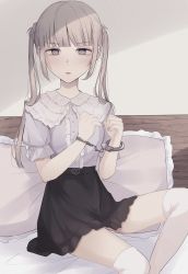 Rule 34 | 1girl, bad id, bad twitter id, black skirt, blush, brown hair, center frills, commentary request, cuffs, feet out of frame, frilled pillow, frills, grey eyes, grey nails, grey shirt, handcuffs, hands up, highres, long hair, looking at viewer, nail polish, original, over-kneehighs, pillow, puffy short sleeves, puffy sleeves, restrained, shirt, short sleeves, sidelocks, sitting, skirt, solo, thighhighs, tsuruse, twintails, v-shaped eyebrows, very long hair, white thighhighs