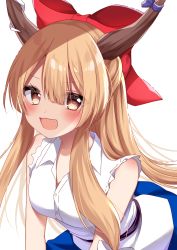 Rule 34 | 1girl, :d, bad id, bad pixiv id, blonde hair, blue skirt, bow, brown eyes, commentary request, fang, hair between eyes, hair bow, heart, heart-shaped pupils, highres, horns, ibuki suika, long hair, looking at viewer, open mouth, red bow, shinonome asu, shirt, simple background, skirt, sleeveless, sleeveless shirt, smile, solo, symbol-shaped pupils, touhou, white background, white shirt