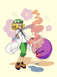 Rule 34 | 1girl, bianca (pokemon), blonde hair, breasts, closed eyes, commentary request, creatures (company), game freak, gen 5 pokemon, glasses, green eyes, green hat, hat, jacket, lab coat, medium hair, musharna, nintendo, open mouth, pocket, pokemon, pokemon (creature), pokemon bw2, standing