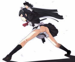 Rule 34 | 00s, 1girl, akinaie, apron, ar tonelico, ar tonelico ii, ass, black eyes, black hair, bow, combat maid, dual wielding, frills, from behind, gun, gust, headdress, holding, jakuri (ar tonelico), long hair, maid, maid apron, no panties, simple background, solo, submachine gun, weapon, yoshio (55level)