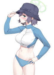 Rule 34 | 1girl, absurdres, blue archive, blue eyes, blue panties, blue shirt, breasts, bucket hat, hat, highres, large breasts, long sleeves, looking at viewer, navel, panties, purple hair, saki (blue archive), saki (swimsuit) (blue archive), shirt, solo, stomach, thighs, underwear, urrrt, white background