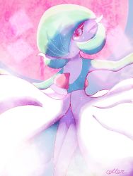 Rule 34 | 1girl, arms up, artist name, backlighting, bob cut, colored skin, cotton (watakusa), creatures (company), female focus, flat chest, full moon, game freak, gardevoir, gen 3 pokemon, green hair, green skin, hair over one eye, highres, looking at viewer, moon, moonlight, multicolored skin, night, nintendo, open mouth, outdoors, outline, pokemon, pokemon (creature), red eyes, red moon, short hair, signature, solo, standing, two-tone skin, white outline, white skin