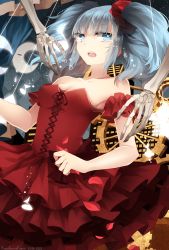 Rule 34 | 10s, 1girl, 2014, aqua eyes, aqua hair, artist name, bad id, bad pixiv id, dated, dress, gears, hatsune miku, long hair, musical note, open mouth, petals, red dress, revision, shouen kigashi, skeleton, solo, strapless, strapless dress, tears, vocaloid