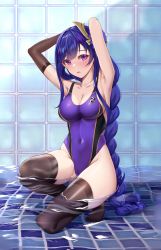 Rule 34 | 1girl, armpits, arms behind head, arms up, black thighhighs, braid, breasts, cameltoe, competition swimsuit, elbow gloves, genshin impact, gloves, hair ornament, highleg, highres, large breasts, long hair, looking at viewer, low-braided long hair, low-tied long hair, matrix16, mole, mole under eye, one-piece swimsuit, partially submerged, pool, purple eyes, purple hair, raiden shogun, single elbow glove, solo, swimsuit, tassel, thighhighs, thighs, very long hair, water