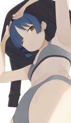 Rule 34 | 1girl, armpits, blue hair, bocchi the rock!, breasts, brown eyes, closed mouth, commentary, grey panties, highres, hiroki (yyqw7151), looking at viewer, mole, mole under eye, one eye closed, panties, short hair, simple background, small breasts, solo, sports bra, underwear, white background, yamada ryo