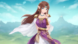 Rule 34 | 1girl, bead necklace, beads, blurry, blurry background, breasts, brown hair, cait aron, closed mouth, cloud, collarbone, cowboy shot, day, dress, earrings, forehead jewel, grass, green eyes, hand up, highres, index finger raised, jewelry, large breasts, long hair, mountain, necklace, nintendo, outdoors, parted bangs, petals, pointy ears, princess zelda, purple dress, shoulder plates, smile, solo, the legend of zelda, the legend of zelda: ocarina of time, triforce earrings