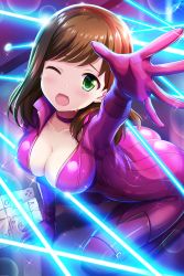 Rule 34 | 1girl, absurdres, alternative girls, ass, bodysuit, breasts, brown hair, cleaver, green eyes, highres, hirose koharu, indoors, large breasts, laser, long hair, looking at viewer, official art, one eye closed, open hand, open mouth, pink bodysuit, sitting, solo