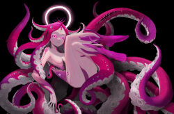 Rule 34 | 1girl, absurdres, black background, breasts, cho gum, cthulhu, cthulhu mythos, eldritch abomination, extra eyes, extra teeth, eyelashes, full body, glowing, glowing eyes, halo, highres, humanization, long hair, looking at viewer, monster girl, original, pink eyes, ringed eyes, simple background, small breasts, solo, staring, suction cups, tagme, tentacle hair, veins, veiny arms, veiny thighs, very long hair