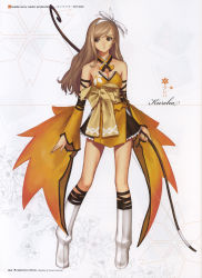 Rule 34 | 1girl, bare shoulders, blonde hair, boots, bow, bow (weapon), character sheet, concept art, full body, hair ornament, hair ribbon, highres, holding, holding weapon, japanese clothes, knee boots, long hair, obi, pleated skirt, ribbon, sash, shining (series), shining wind, simple background, skirt, tony taka, touka kureha, weapon