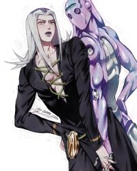 Rule 34 | 1boy, 1other, brown eyes, commentary request, frown, grey hair, hand on own hip, holding hands, interlocked fingers, jojo no kimyou na bouken, korean commentary, leone abbacchio, long hair, male focus, mm jjba, moody blues (stand), pectorals, signature, stand (jojo), vento aureo