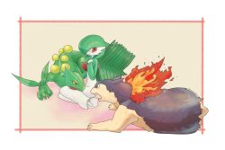 Rule 34 | 1girl, bob cut, border, closed mouth, colored sclera, colored skin, creatures (company), eye contact, fangs, fire, flat chest, from side, full body, game freak, gardevoir, gen 2 pokemon, gen 3 pokemon, green hair, green skin, hair over one eye, hand on another&#039;s neck, hand on own chest, hand up, headpat, highres, jealous, lap pillow, legs together, looking at another, lying, multicolored skin, nintendo, on stomach, one eye covered, open mouth, outside border, pochi (01 01pochi), pokemon, pokemon (creature), profile, red eyes, sceptile, short hair, simple background, sitting, skin fangs, two-tone skin, typhlosion, white border, white skin, yellow background, yellow sclera, yokozuwari