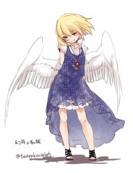 Rule 34 | 1girl, alternate costume, angel wings, arms behind back, blonde hair, blue dress, character name, contemporary, dress, full body, gengetsu (touhou), highres, jewelry, necklace, sandals, short hair, short sleeves, simple background, smile, solo, text focus, touhou, touhou (pc-98), toutenkou, twitter username, white background, wings