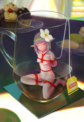 Rule 34 | 1girl, barefoot, bdsm, blonde hair, bondage, bound, closed eyes, cup, cupcake, fairy, food, highres, ikelag, in container, lipton, macaron, mini person, minigirl, nipples, nude, restrained, shibari, solo, teabag, teacup