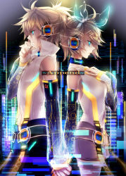 Rule 34 | 1boy, 1girl, aqua eyes, arm warmers, back-to-back, blonde hair, brother and sister, detached sleeves, hair ornament, hair ribbon, hairclip, holding hands, headphones, highres, kagamine len, kagamine len (append), kagamine rin, kagamine rin (append), popped collar, ribbon, short hair, shorts, siblings, twins, vocaloid, vocaloid append, yutif